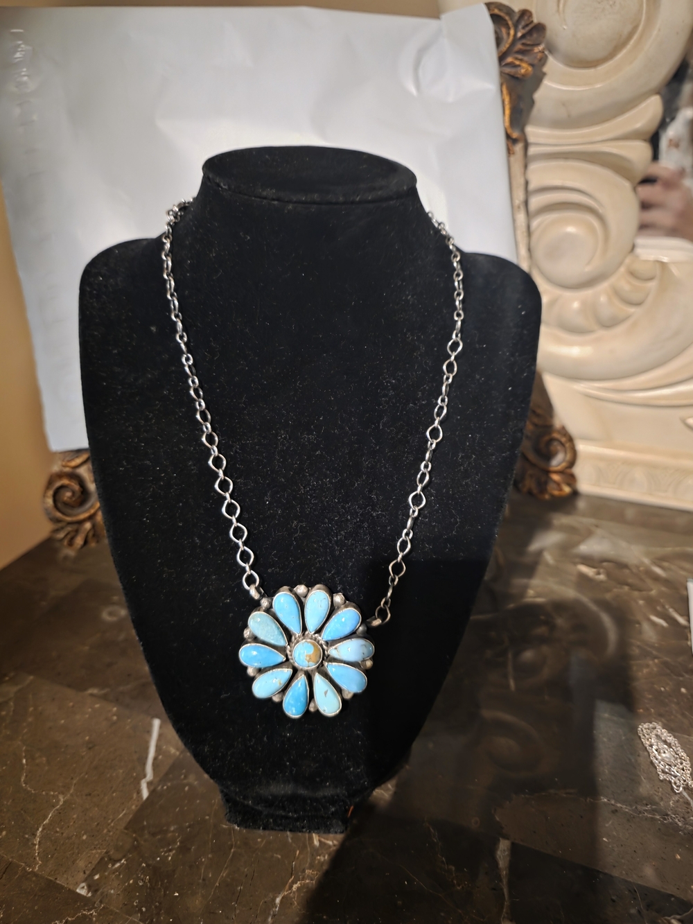 Turquoise Flower Cluster Pendant Necklace - Blue And Green Sonoran - Picture 5 of 7